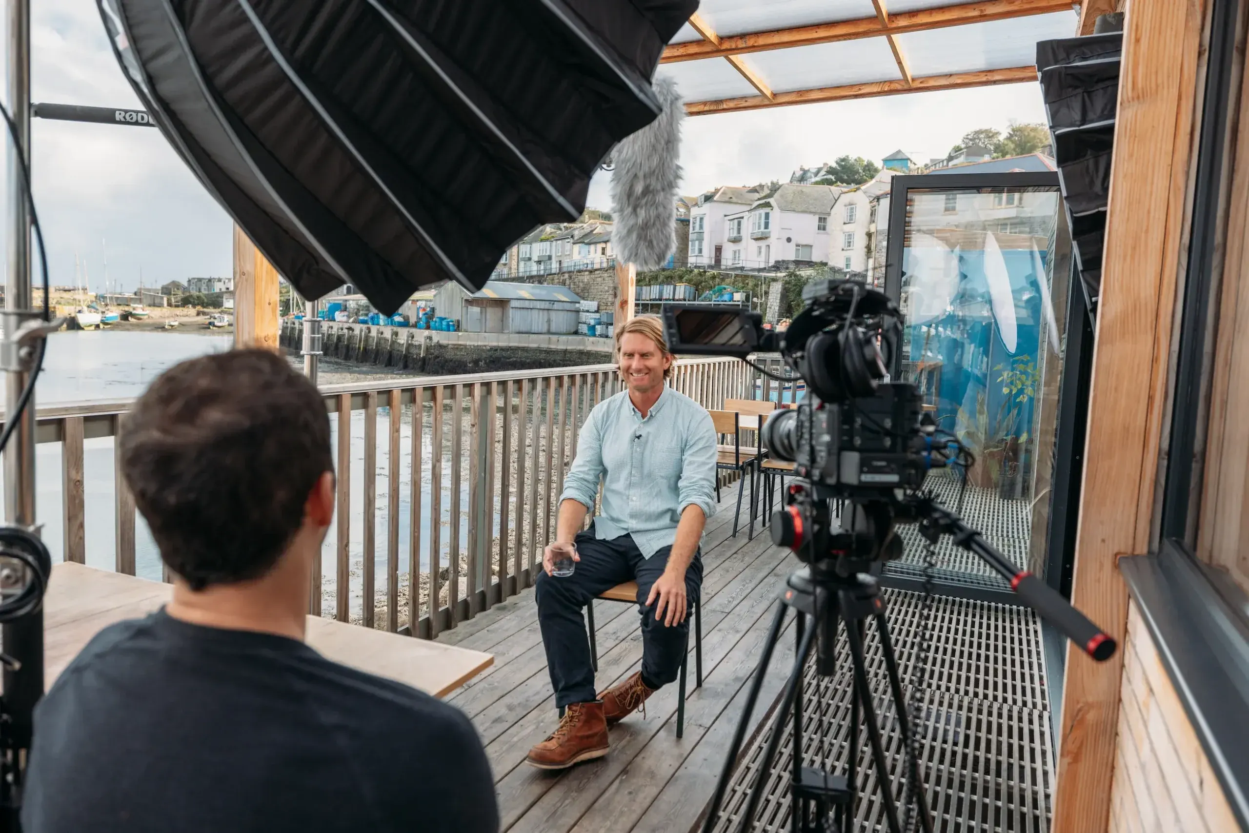 An interview being filmed on location in Newlyn.