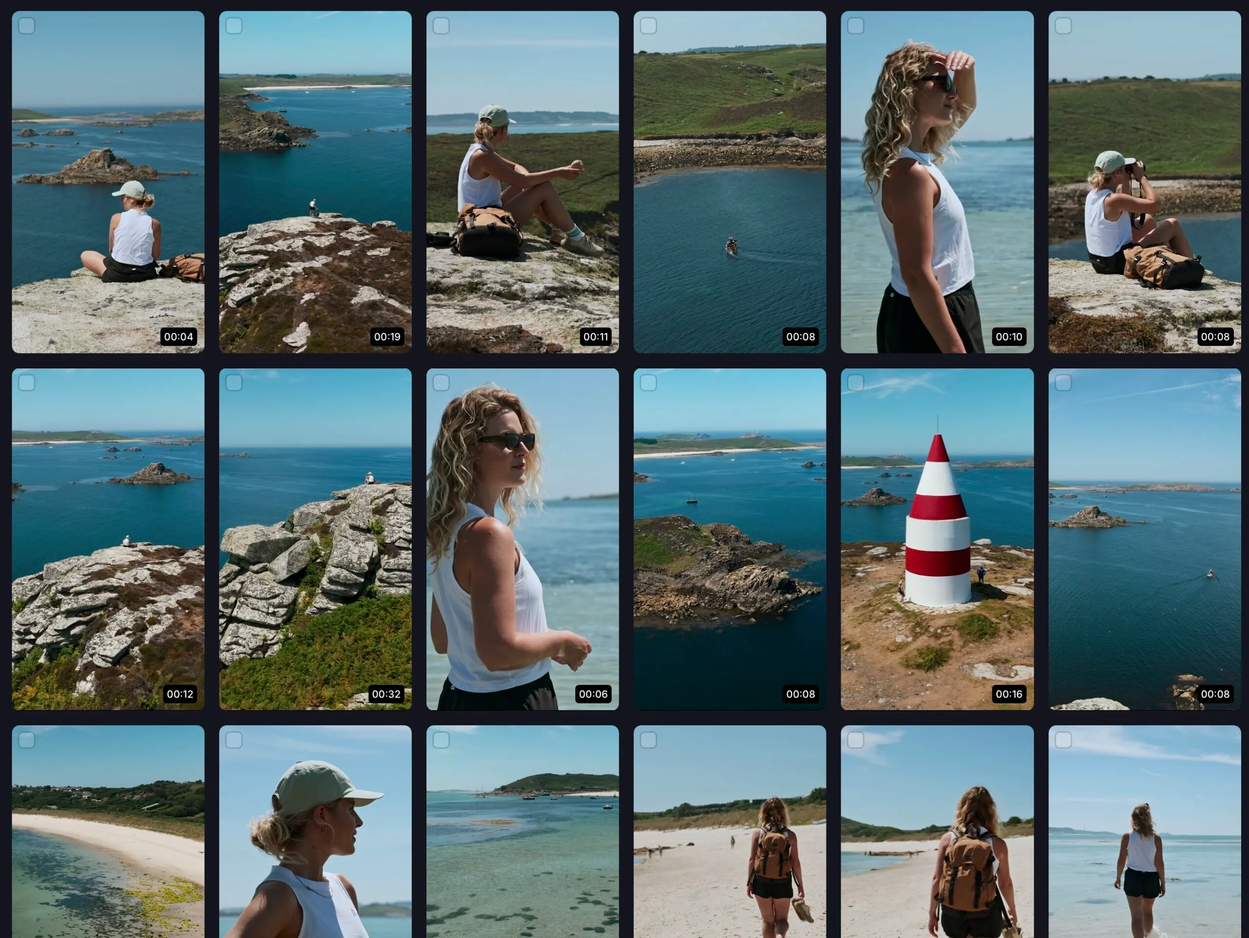 The Isles of Scilly Travel Content Library displayed as a grid of ready-to-use clips