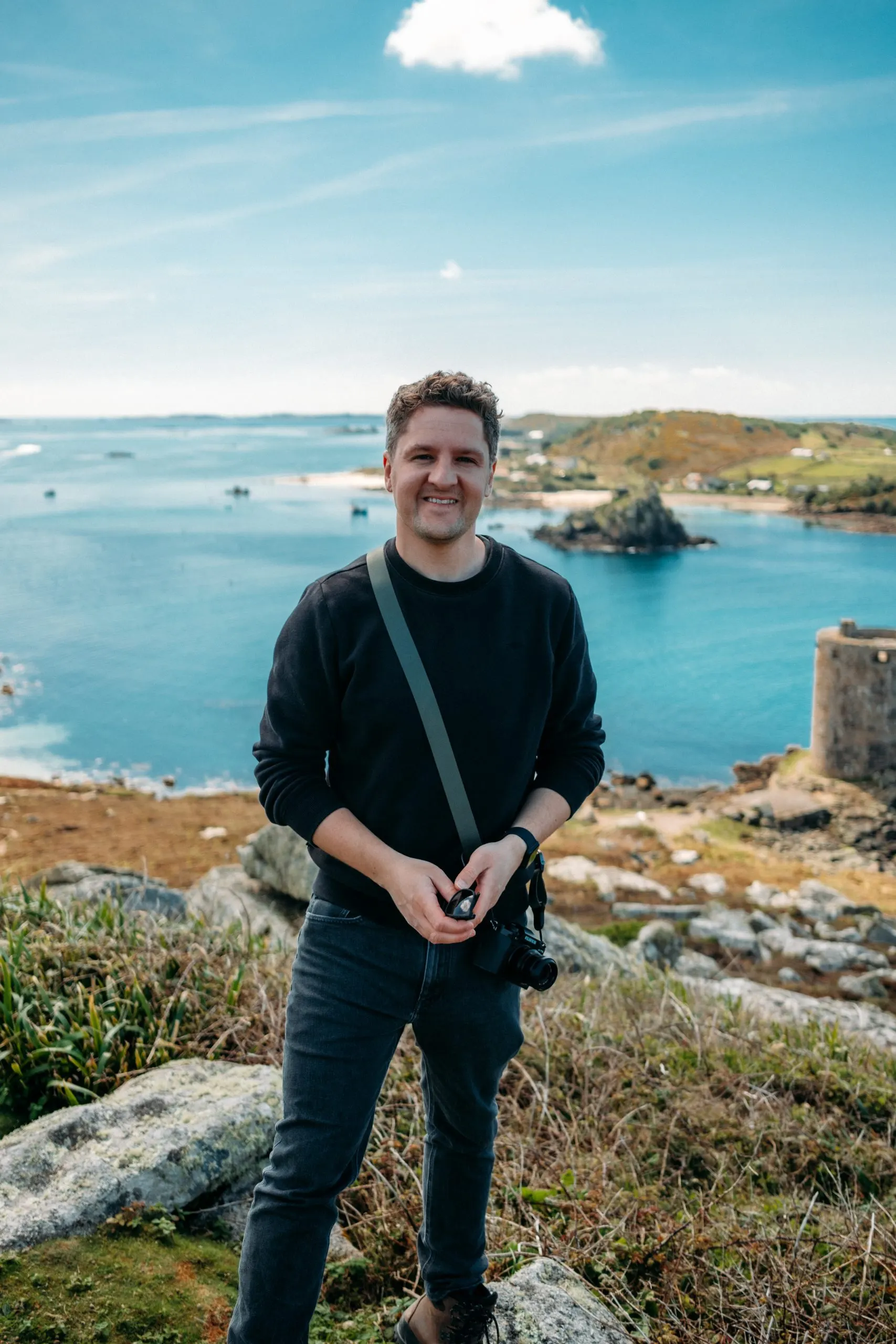 A behind-the-scenes portrait during an Isles of Scilly Travel production
