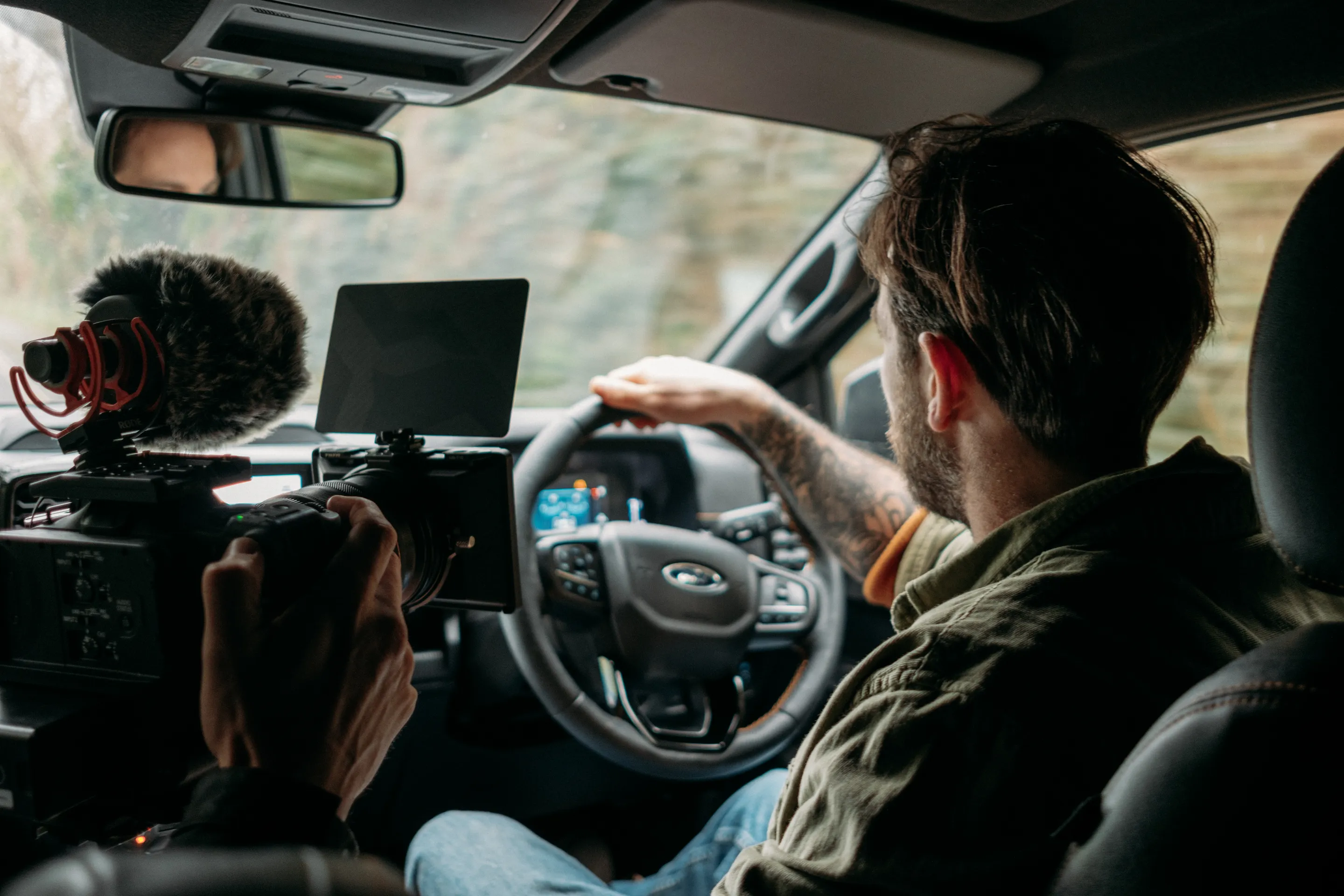 An in-car camera rig filming James Strawbridge during a recipe film shoot in Fowey, Cornwall