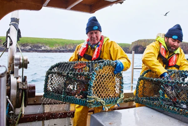 Fishermen in yellow oilskins hauling crab creels on a boat in Shetland, filmed by PixelRain for the Marine Stewardship Council